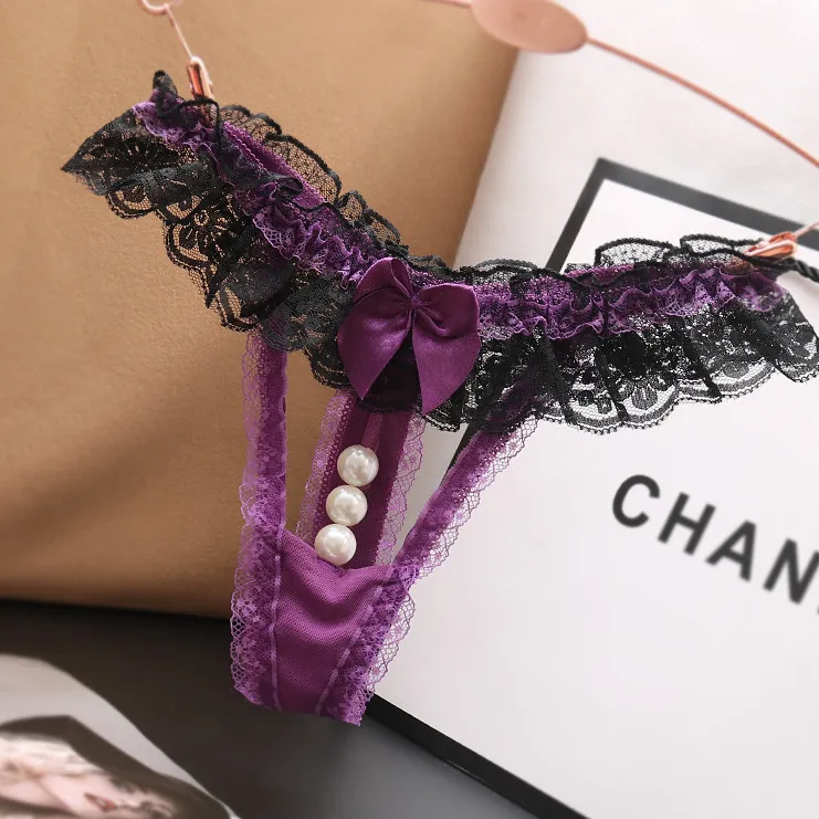 セクシー レース リボン付き 透かし彫り ビーズ付き 誘惑 配色 Ｔバック・タンガ