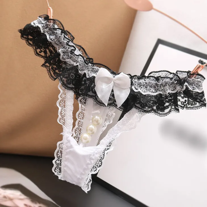 セクシー レース リボン付き 透かし彫り ビーズ付き 誘惑 配色 Ｔバック・タンガ