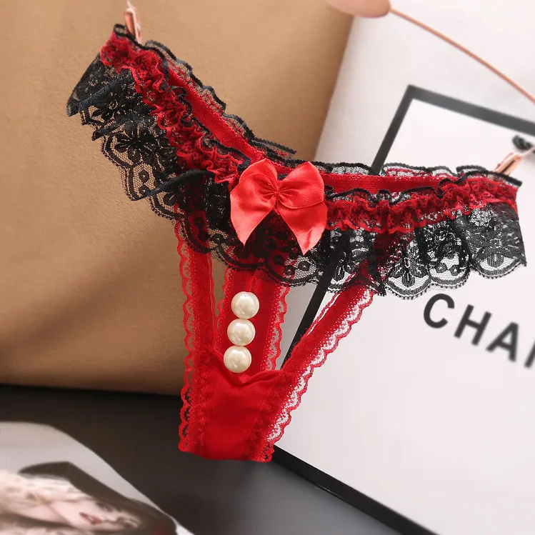 セクシー レース リボン付き 透かし彫り ビーズ付き 誘惑 配色 Ｔバック・タンガ