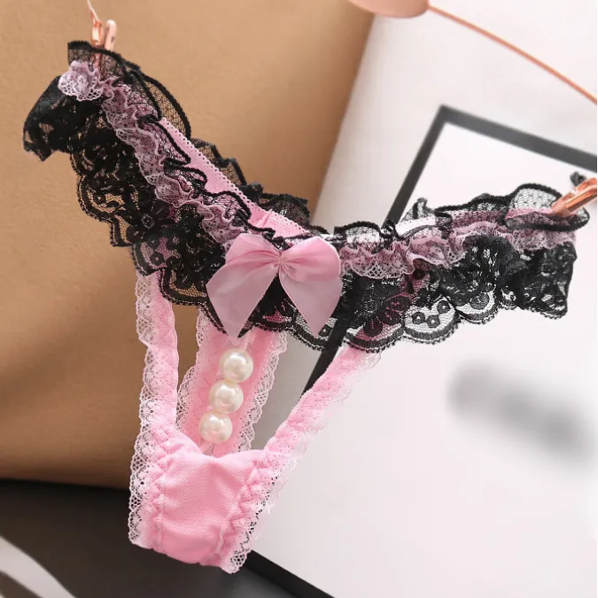 セクシー レース リボン付き 透かし彫り ビーズ付き 誘惑 配色 Ｔバック・タンガ