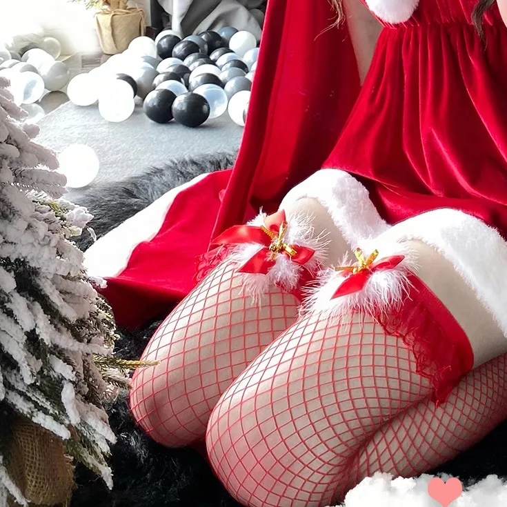 【クリスマス】セクシー 2色 レース 切り替え リボン付き ふわふわ ストッキング 網 タイツ