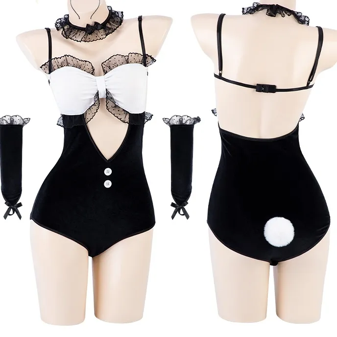 バニーガール 可愛いデザイン 透かし彫り レース 切り替え セクシー コスプレ ベビードール