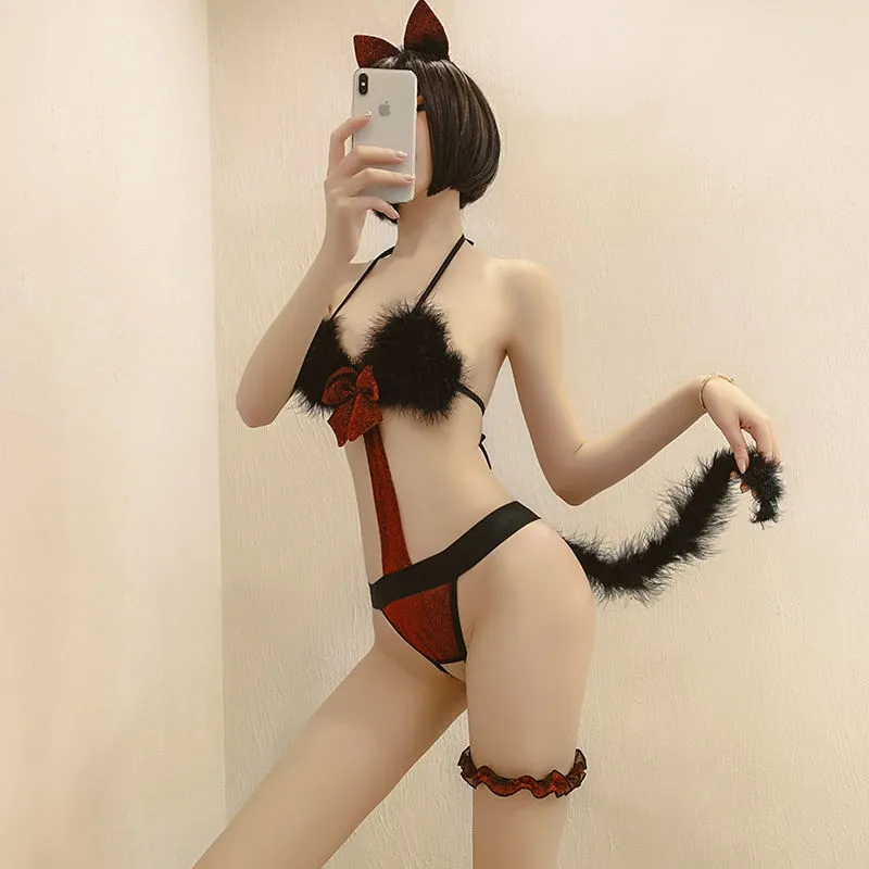 きみはペット♡ 4点セット エロい 穴開き リボン 切り替え ふかふか 配色 セクシー ベビードール