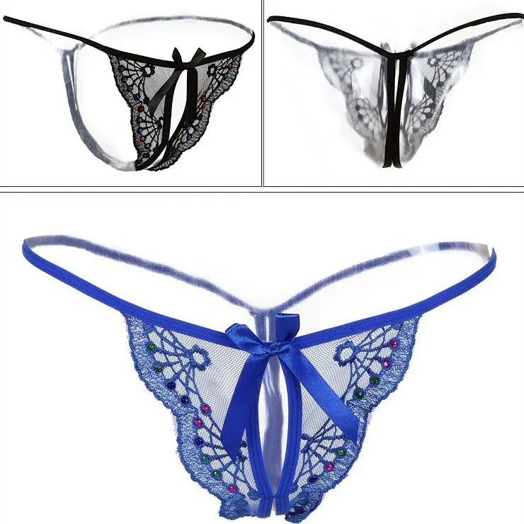 上品な可愛さ 透け感 レース お股オープン ラインストーン 誘惑 セクシー Ｔバック・タンガ