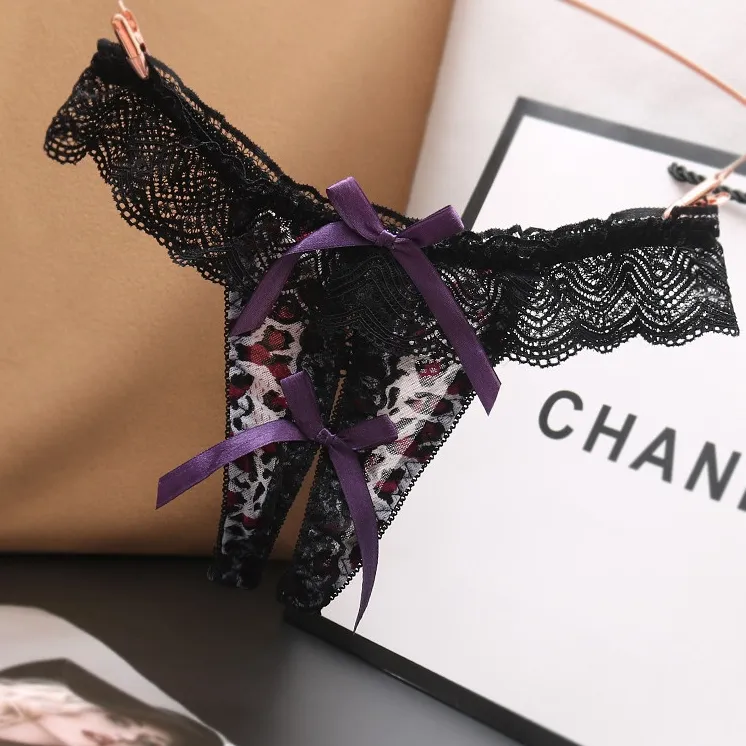 見逃し厳禁 レース ヒョウ柄 配色 リボン付き 穴開き セクシー Ｔバック・タンガ