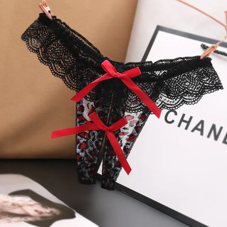 見逃し厳禁 レース ヒョウ柄 配色 リボン付き 穴開き セクシー Ｔバック・タンガ