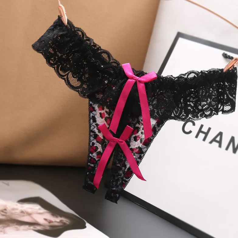 見逃し厳禁 レース ヒョウ柄 配色 リボン付き 穴開き セクシー Ｔバック・タンガ