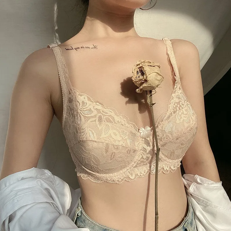 超薄め 高通気性 セクシー レース B-Cカップ 胸小さく見え ワイヤー入り ブラジャー