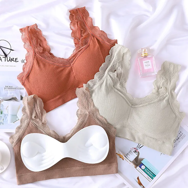 シンプル ナイト用 レース 切り替え 通気性良い ノンワイヤー プルオーバー ブラジャー
