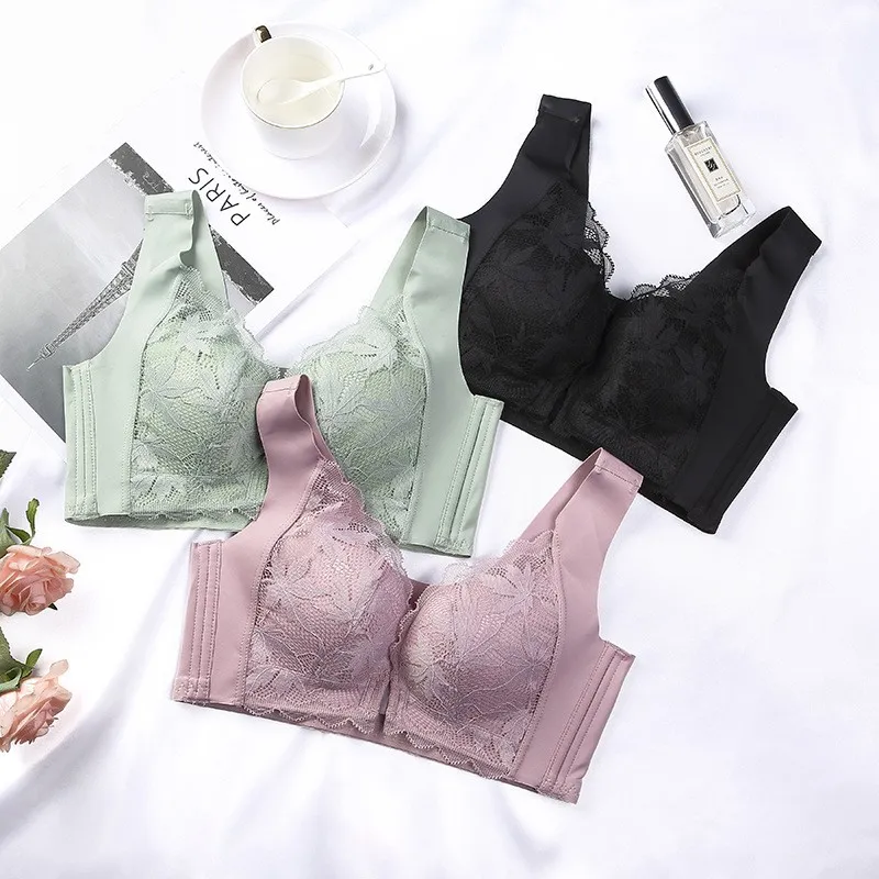 寝ながら育乳 4色 補正下着 レース 切り替え B-Dカップ 前ホック 夜用ノンワイヤー ナイトブラ