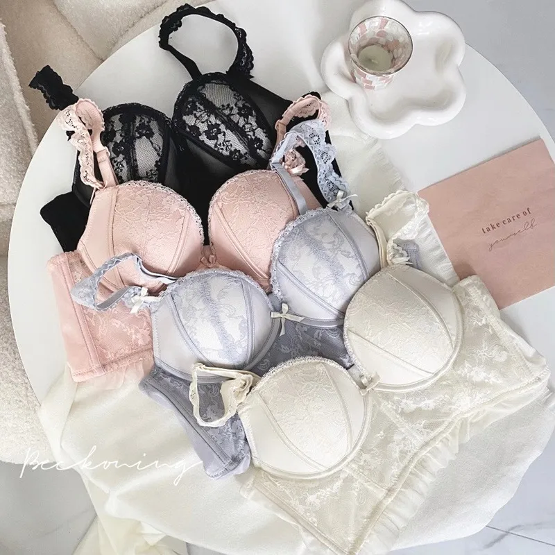 気質アップ 谷間メイク 美胸 ソフトワイヤー B-Cカップ リボン レース  ブラジャー