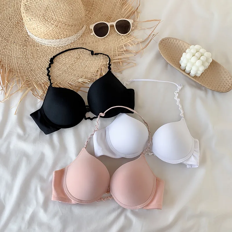 シンプル 3色展開 フロントホック シームレス ホルターネック ワイヤー入り A-Bカップ ブラジャー