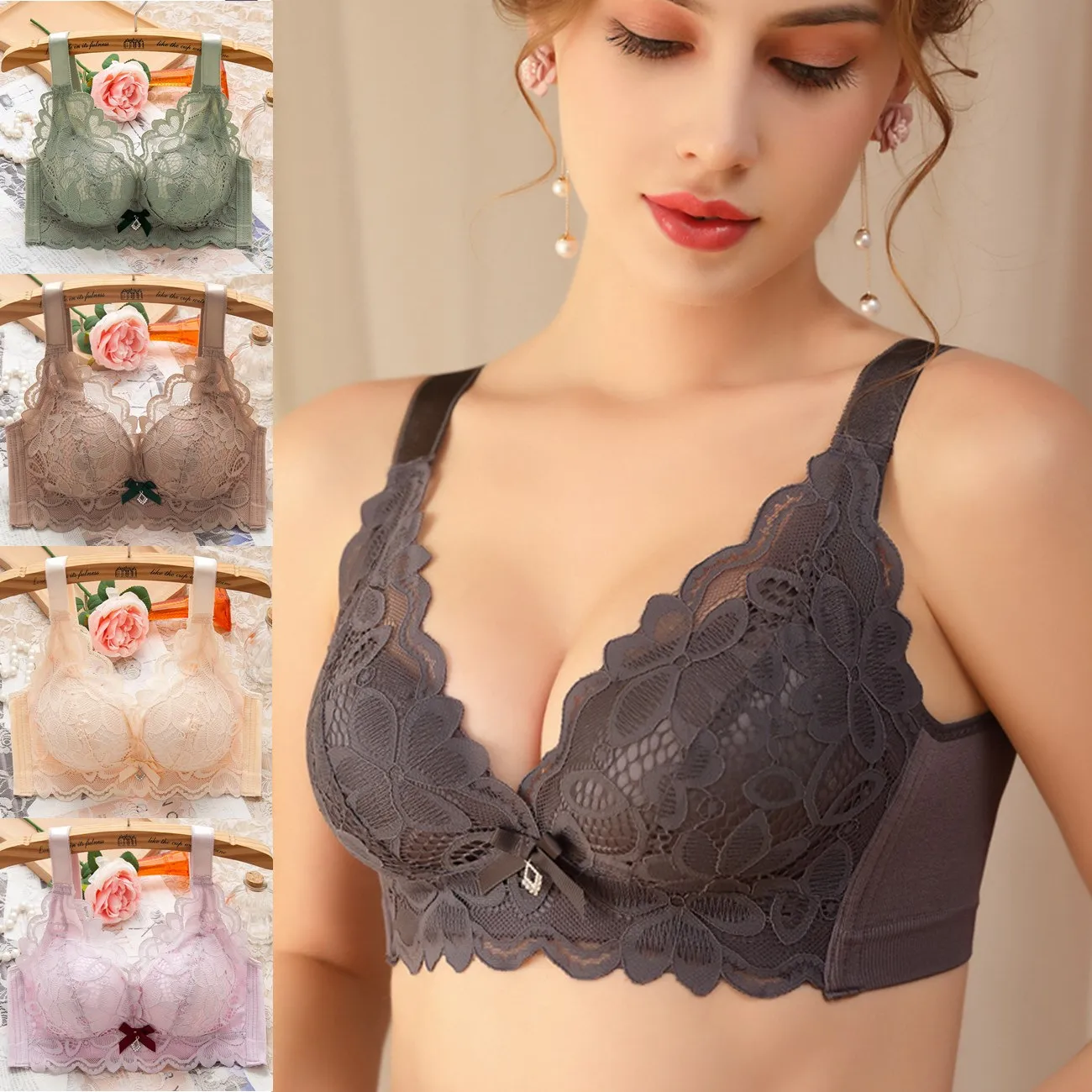 (A-Cカップ) ノンワイヤー レース 胸小さく見え しっかり美胸 谷間メイク  ナイトブラ