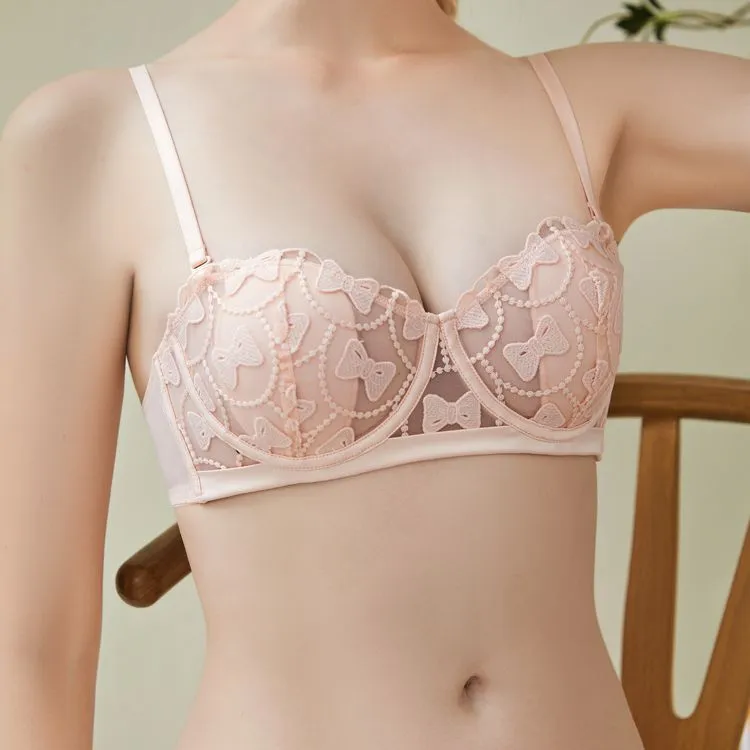 可愛いデザイン 刺繍  レース B-Dカップ ソフトワイヤー リボン ブラジャー