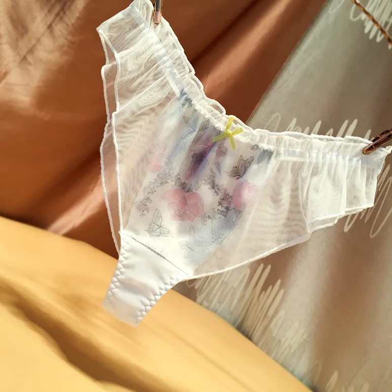 少女 メッシュ 透け感 プリント フリル 肌にやさしい 柔らかい 切り替え Ｔバック・タンガ