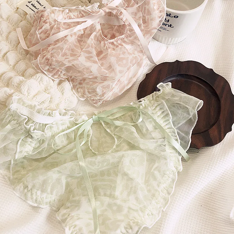 清新 大人可愛い スケスケ ヒョウ柄 リボン 美尻 通気性良い スタンダードショーツ