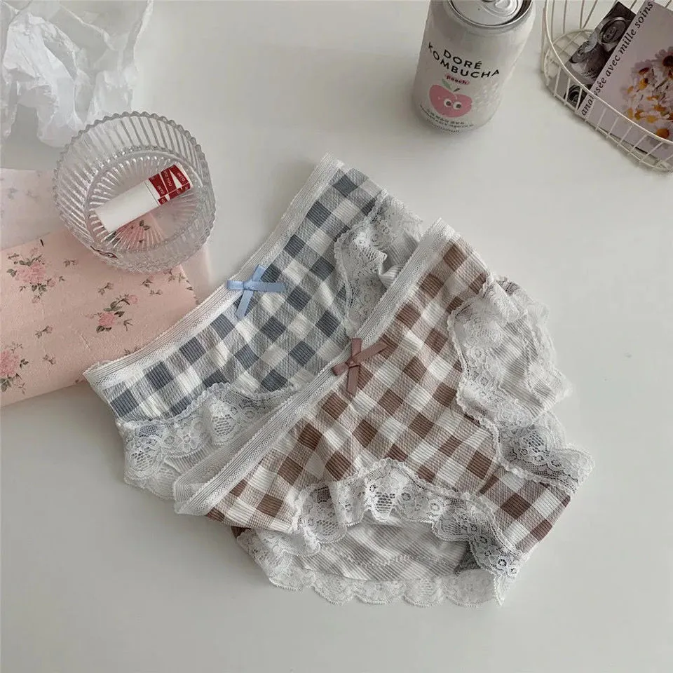 着心地良い 女子高生 チェック柄 レース 切り替え 吸汗速乾 柔らかい スタンダードショーツ
