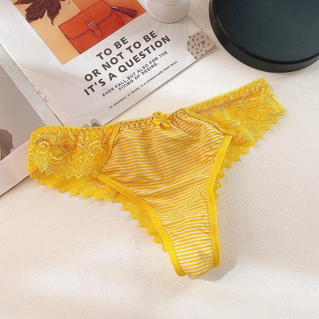 可愛い 柔らかい ストライプ柄 レース 切り替え 美尻 女子高生 全4色 Tバック・タンガ