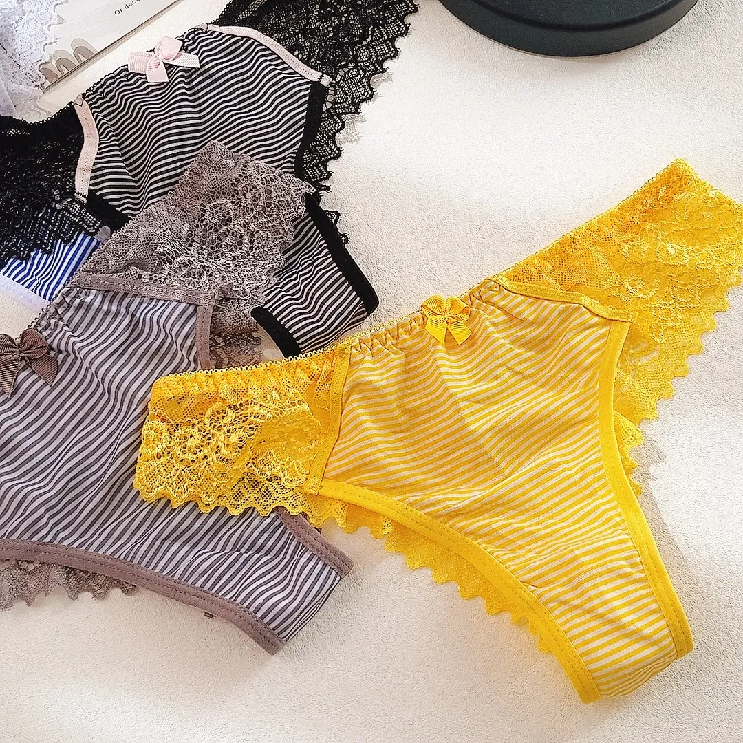 可愛い 柔らかい ストライプ柄 レース 切り替え 美尻 女子高生 全4色 Tバック・タンガ