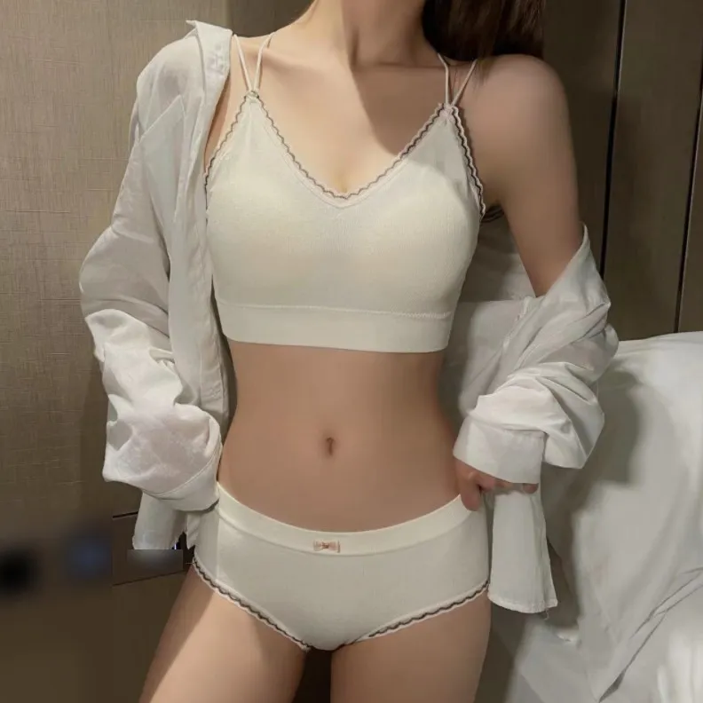 全6色 レース プルオーバー 無地 ノンワイヤー ナイト用 通気性良い ブラ・ショーツセット