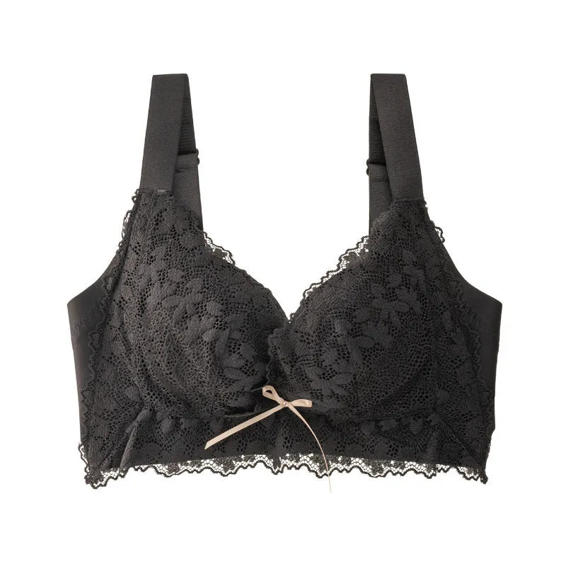 （A-Cカップ） 気質アップ シームレス 谷間メイク胸小さく見え リボン付き レース ノンワイヤー ブラ・ショーツセット