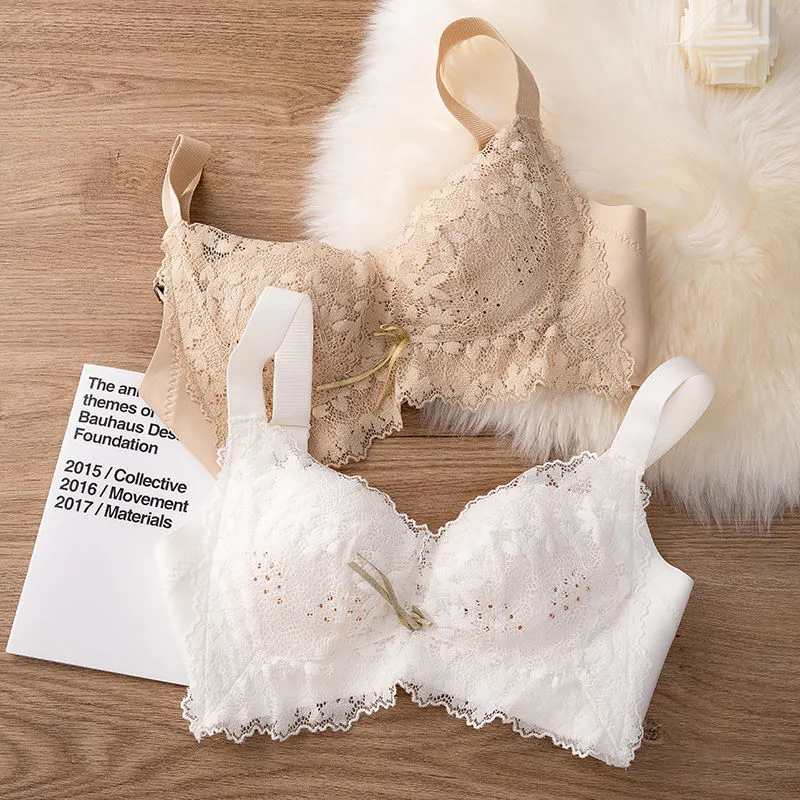 （A-Cカップ） 気質アップ シームレス 谷間メイク胸小さく見え リボン付き レース ノンワイヤー ブラ・ショーツセット