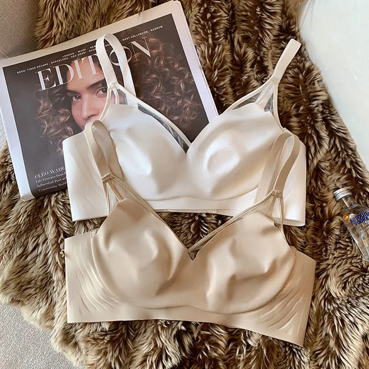 （A-Dカップ）シンプル メッシュ 背中すっきり 締め付け感ゼロ 胸小さく見え ナイト用 透かし彫り ノンワイヤー ブラ・ショーツセット