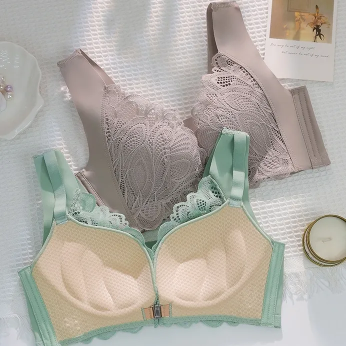 脇高設計 4色 レース 切り替え 育乳 サポート感 前ホック ノンワイヤー 補正下着 ナイトブラ