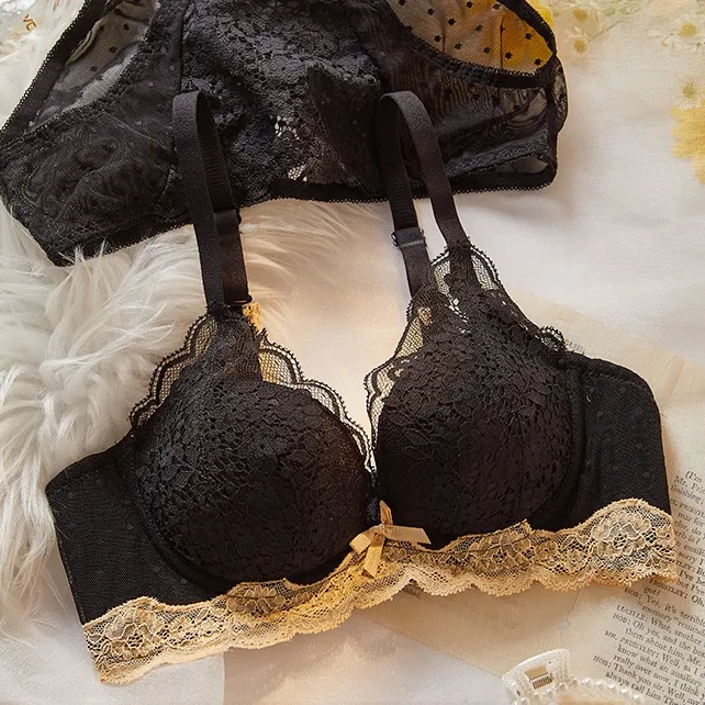 オシャレ ノンワイヤー A-Bカップ レース 配色 後ろホック 美胸 ブラ・ショーツセット