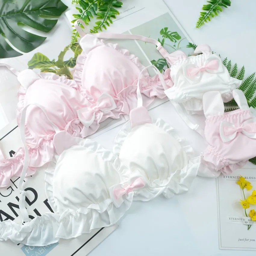 超かわいい リボン ノンワイヤー A-Cカップ 猫の爪 キュート 三角カップ ブラ・ショーツセット