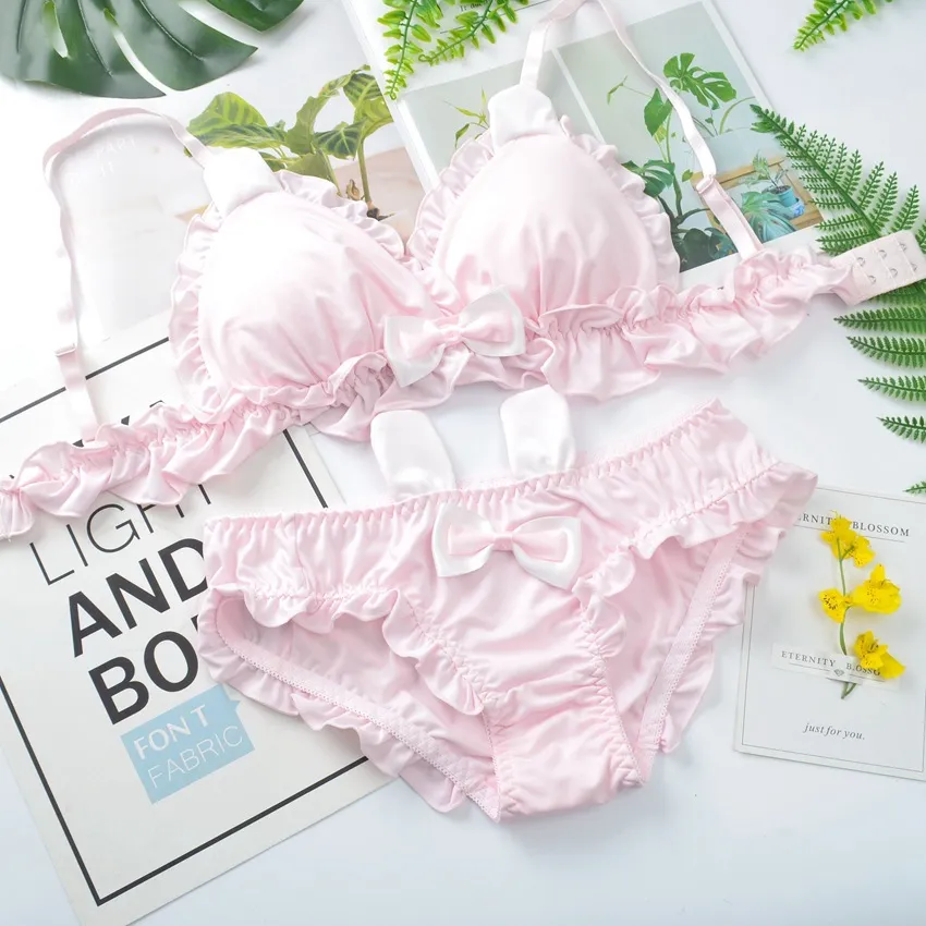 超かわいい リボン ノンワイヤー A-Cカップ 猫の爪 キュート 三角カップ ブラ・ショーツセット