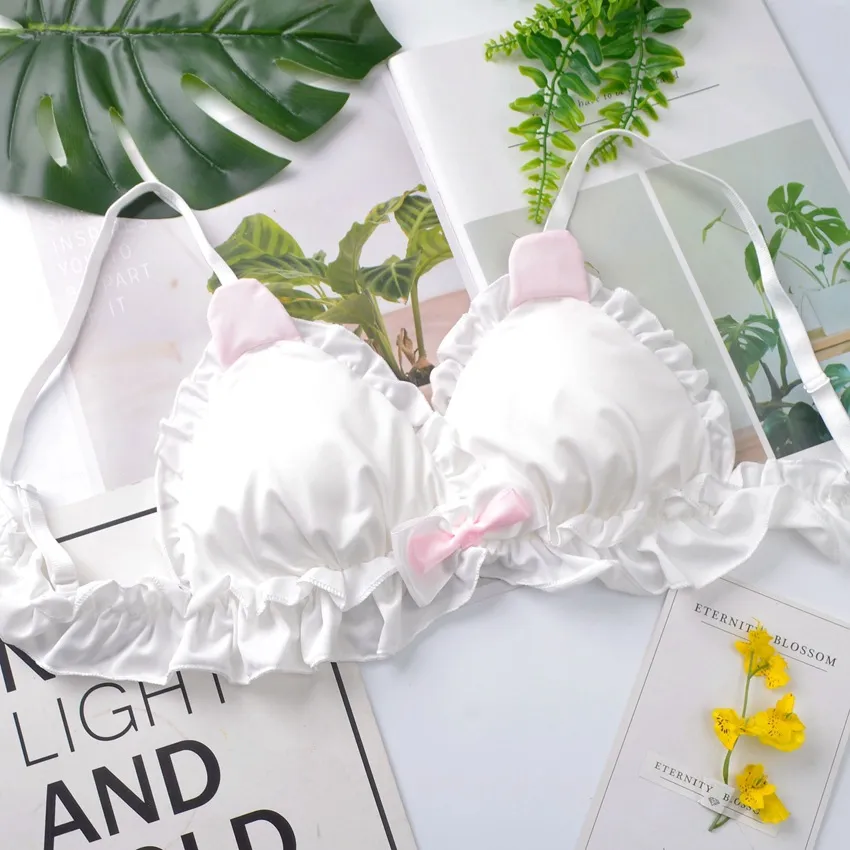 超かわいい リボン ノンワイヤー A-Cカップ 猫の爪 キュート 三角カップ ブラ・ショーツセット