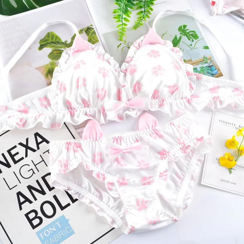 超かわいい リボン ノンワイヤー A-Cカップ 猫の爪 キュート 三角カップ ブラ・ショーツセット