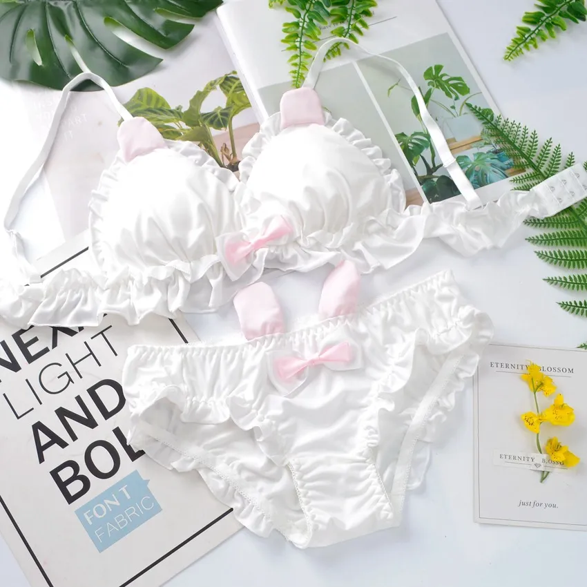 超かわいい リボン ノンワイヤー A-Cカップ 猫の爪 キュート 三角カップ ブラ・ショーツセット