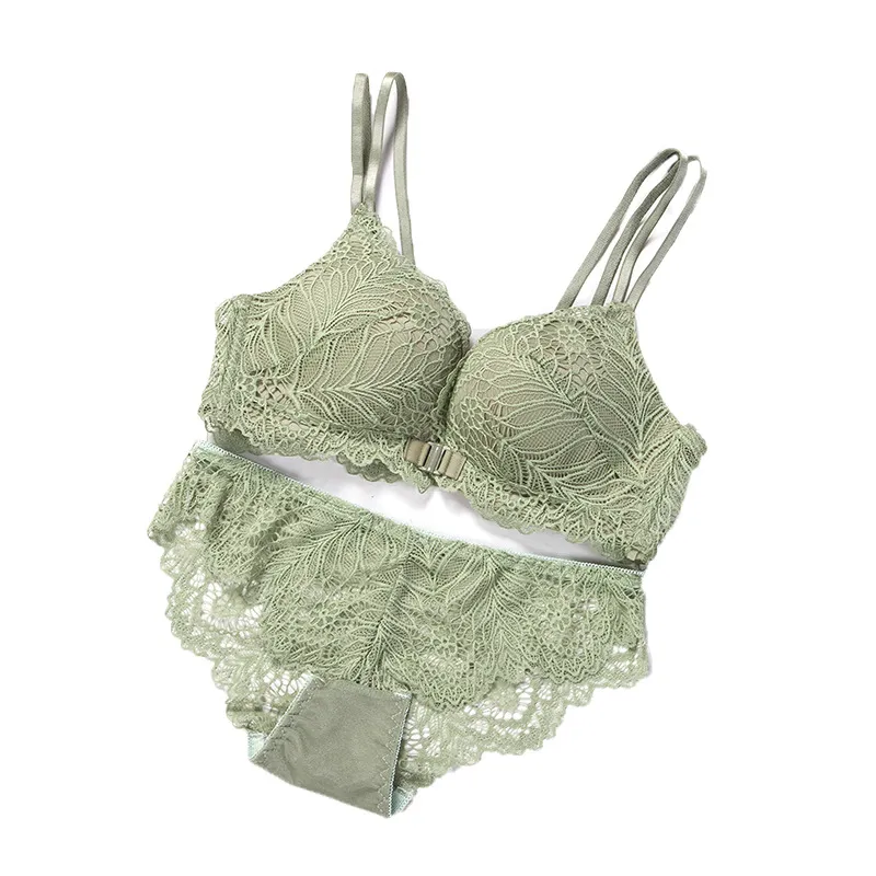 深い谷間 ハミ肉ゼロ レース ノンワイヤー A-Bカップ フロントホック ブラ・ショーツセット