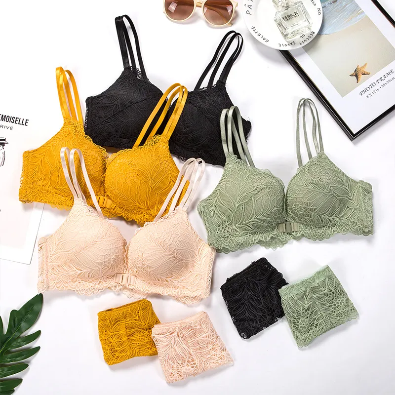 深い谷間 ハミ肉ゼロ レース ノンワイヤー A-Bカップ フロントホック ブラ・ショーツセット