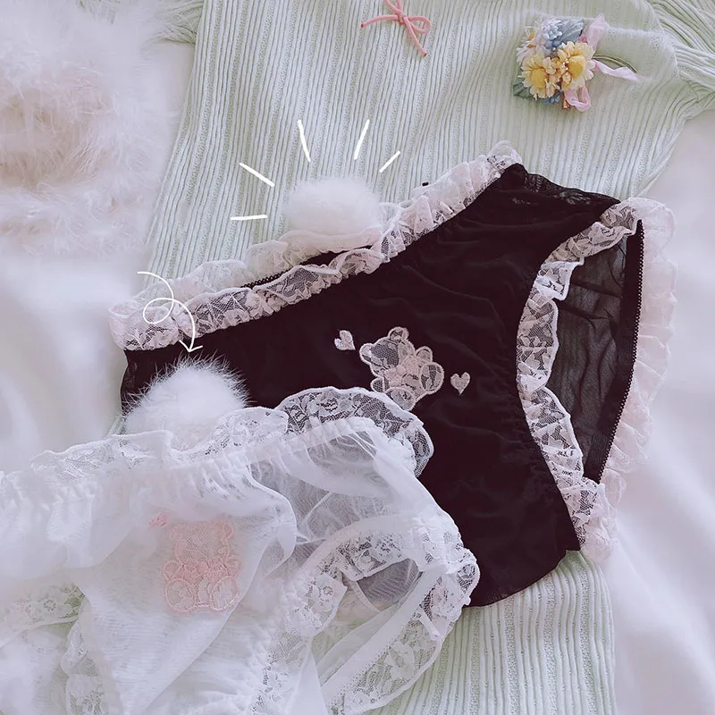 純情 女子高生 レース 刺繡 メッシュ フリル 透け感 尻尾付き 上品な可愛さ スタンダードショーツ