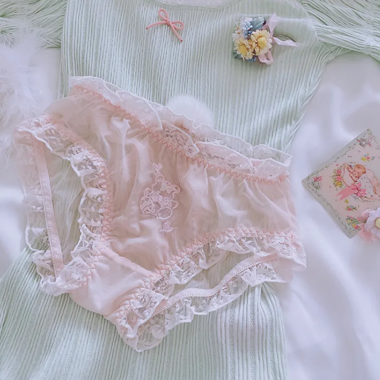 純情 女子高生 レース 刺繡 メッシュ フリル 透け感 尻尾付き 上品な可愛さ スタンダードショーツ