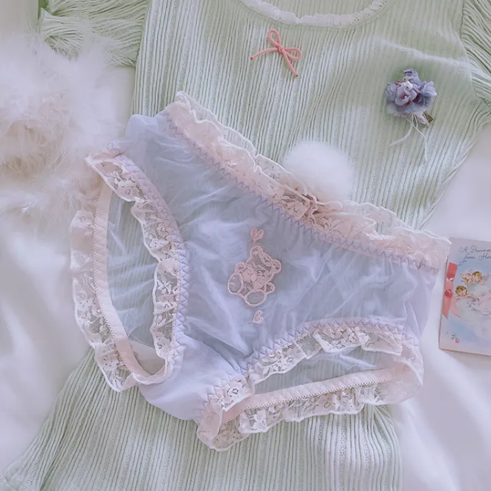 純情 女子高生 レース 刺繡 メッシュ フリル 透け感 尻尾付き 上品な可愛さ スタンダードショーツ