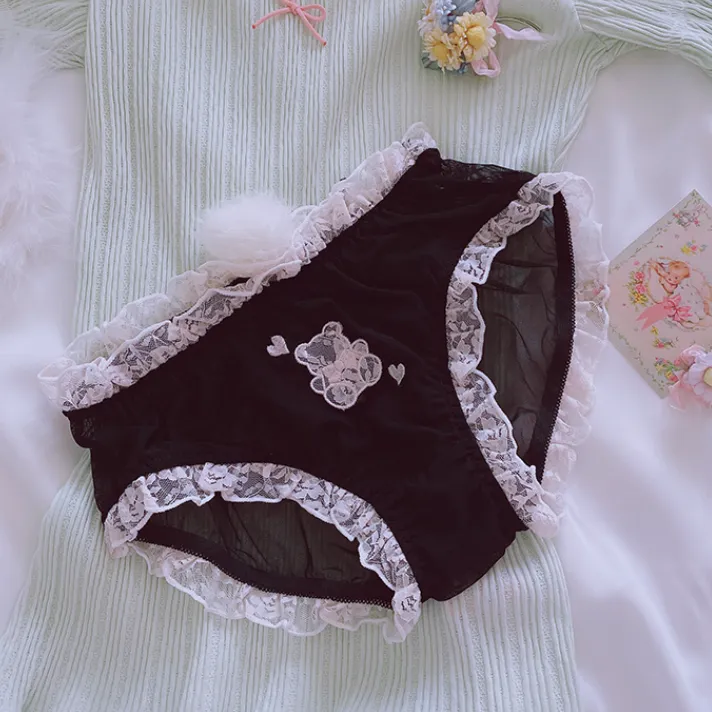 純情 女子高生 レース 刺繡 メッシュ フリル 透け感 尻尾付き 上品な可愛さ スタンダードショーツ