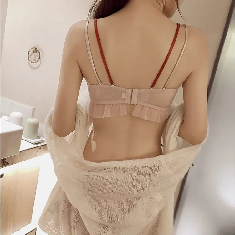 かわいいデザイン フリル ノンワイヤー A-Bカップ 胸大きく見え リボン ブラ・ショーツセット