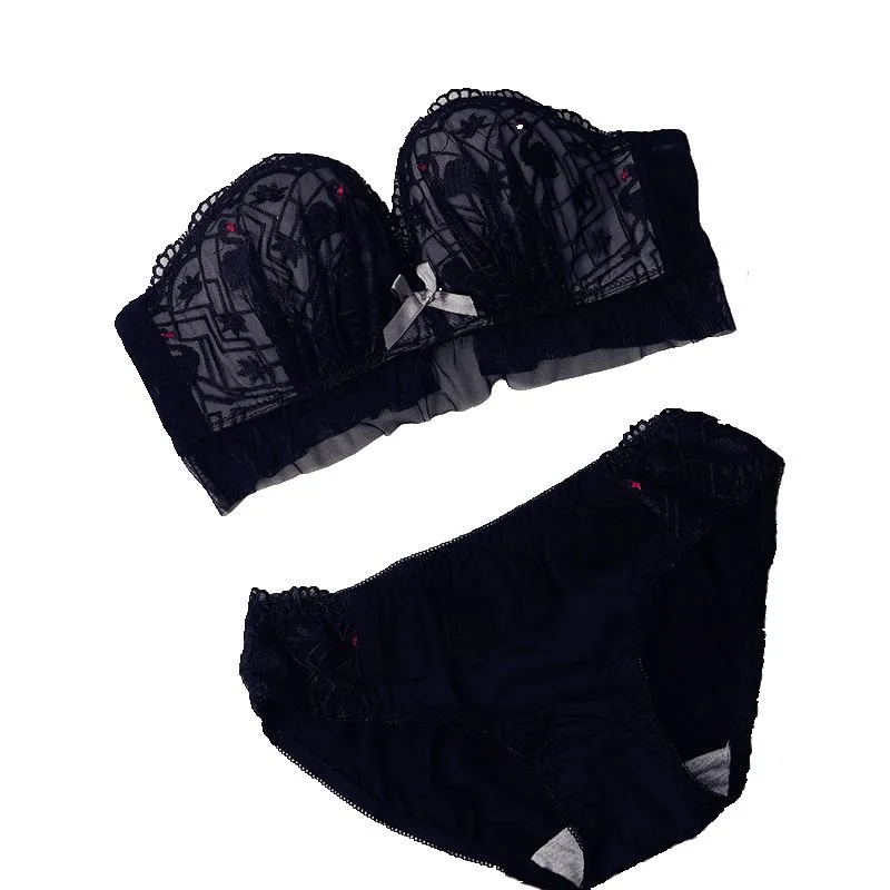 かわいいデザイン フリル ノンワイヤー A-Bカップ 胸大きく見え リボン ブラ・ショーツセット