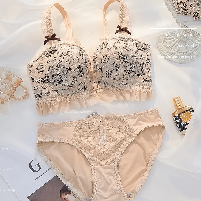 優しい印象 フロントホック 谷間メイク 単品販売可能 ノンワイヤー 育乳 A-Bカップ スウィート ブラ・ショーツセット