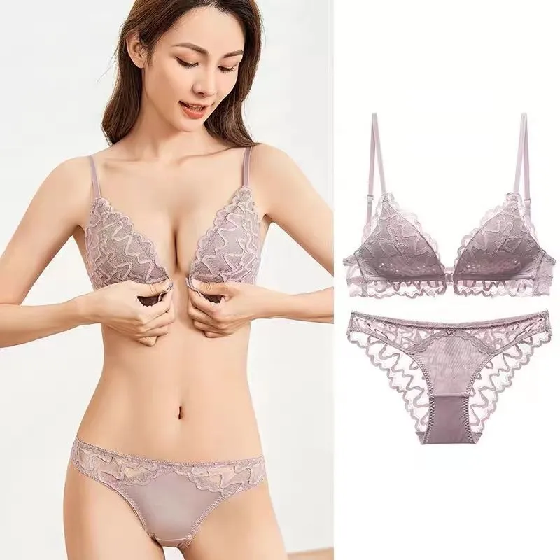 背中魅せ 蒸れない 超薄い フロントホック 単品販売可能 レース 切り替え A-Cカップ ノンワイヤー 高通気 ブラ・ショーツセット