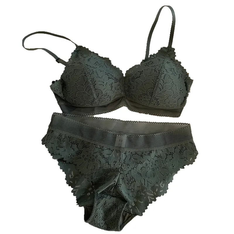 レトロ レース 無地 A-Cカップ ノンワイヤー  超薄め 三角カップ ブラ・ショーツセット