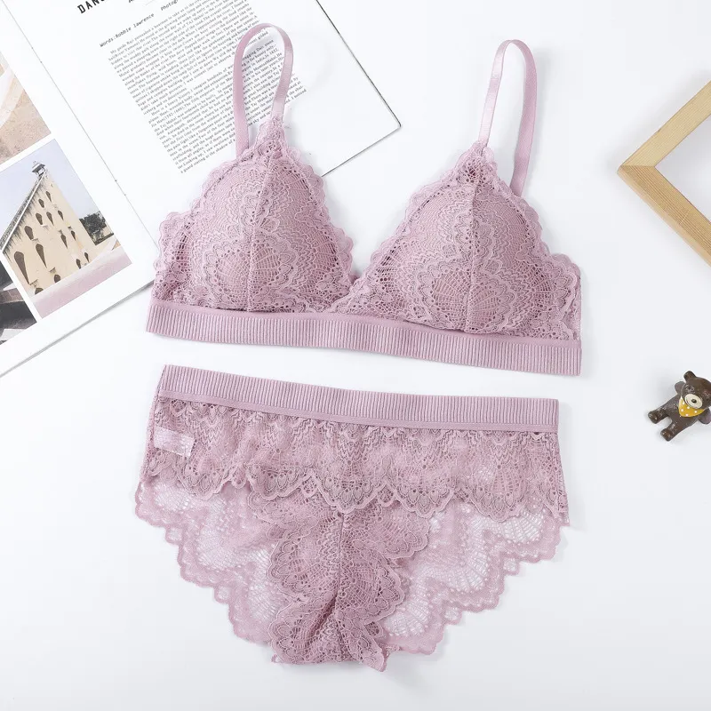 【数量限定】三角カップ レース ノンワイヤー ハミ肉ゼロ ストレスフリー セクシー ブラ・ショーツセット