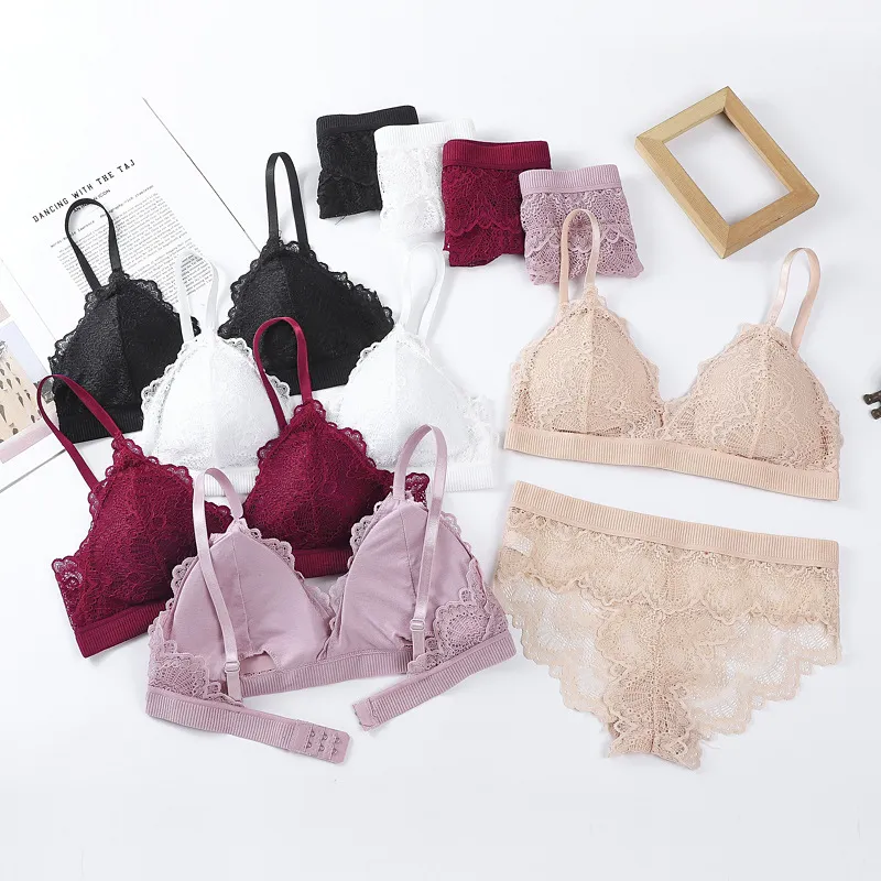 【数量限定】三角カップ レース ノンワイヤー ハミ肉ゼロ ストレスフリー セクシー ブラ・ショーツセット