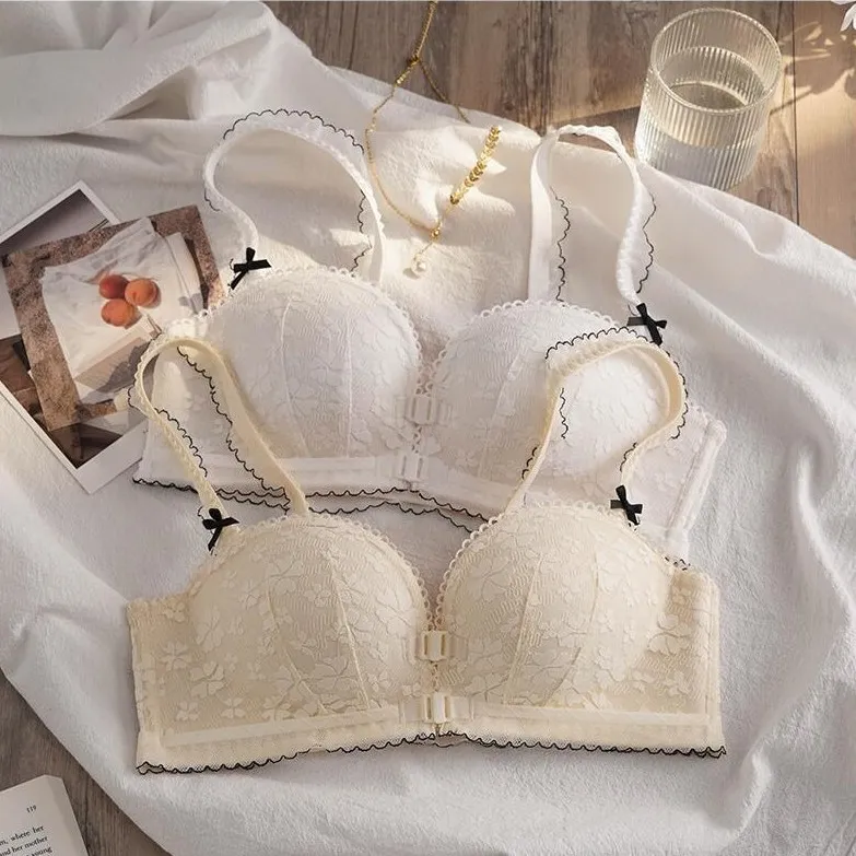 スウィート レース 胸大きく見え ノンワイヤー 脇高 ホールド フロントホック A-Bカップ 盛れる ブラ・ショーツセット