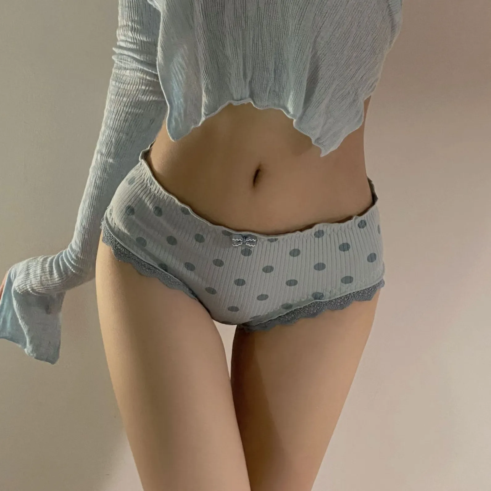 INS ドット柄 水玉 清新 切り替え リボン レース コットン 少女 肌に優しい スタンダードショーツ