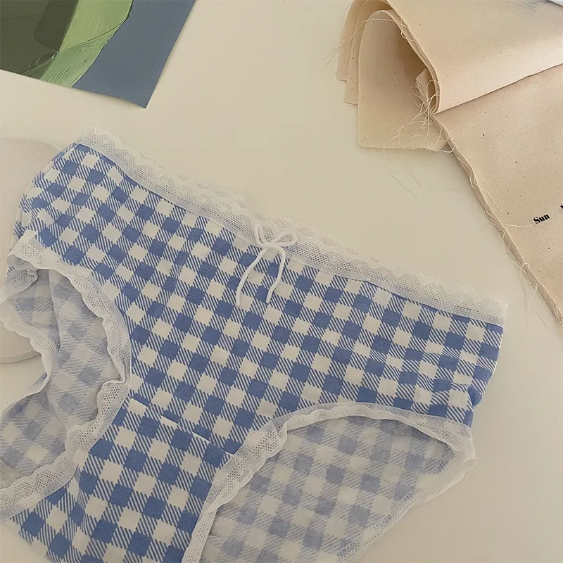学生用 綿 スイート チェック柄 レース 切り替え リボン 肌触りいい スタンダードショーツ
